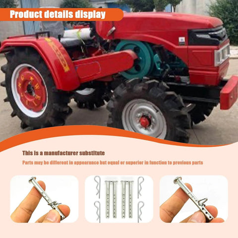 Set Of Four Clevis Pins With R Clips One Quarter Inch Diameter By Two And One Half Inch Length Rust Resistant Coated Heavy Duty Hardware displayed with a red tractor in the background