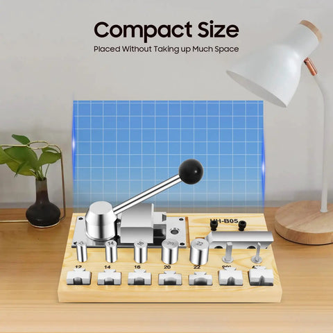 Pro Grade Ring Bender Tool Kit For DIY Jewelry Making With Dies displayed on a desk with handle and ring molds