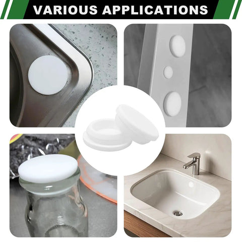 Japtend 75Pc Assortment Kit Features Eight Different Sizes Of White Silicone Rubber Plugs For Round Hole Gaps And Pipes In Kitchens, Bathrooms, Furniture Projects And Home Repairs To Seal Openings Fast. white silicone hole plugs on sink, cabinet, jar and bathroom panel