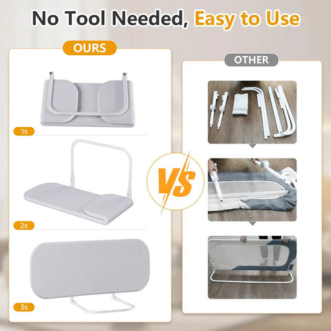 Comparison of no-tool setup Travel-Friendly Toddler Bed Rail Guard vs tool-required assembly.
