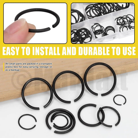 150 Piece Round Wire Snap Ring Assortment Kit With 10 Sizes From 10mm To 26mm Internal C Clips For Shafts, steel construction, organized storage case