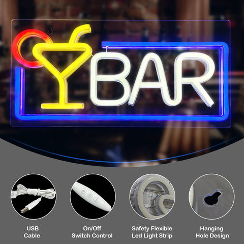 USB Powered Dimmable Neon Bar Sign For Home Pub Or Man Cave Wall Decor Bright LED Cocktail Neon Light with USB cable and switch