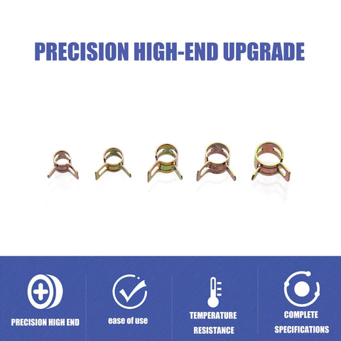 150 Pcs Spring Hose Clamps Kit For Fuel Line And Vacuum Hose Includes Spring Band Type Clamps in five sizes displayed
