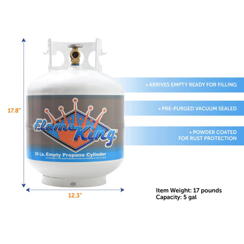 20 Pound Steel Propane Tank With Type 1 Overflow Protection Valve For Grills And BBQs DOT Approved Cylinder For Camping And Backyard Cooking Grillin Ready For Outdoor Feasts White, showing measurements and features.
