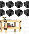 Set Of 8 Rock Solid Heavy Duty Workbench Bracket Kit With Screws For 4X4 And 2X4 Lumber, black steel brackets with screws.