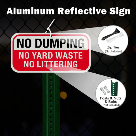 Heavy Duty No Dumping And No Littering Sign 2 Pack Rust Proof Aluminum Property Boundary Signs 12x6 Inches Reflective Weatherproof Outdoor Warning Plaques on display.