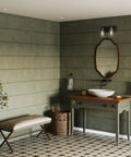 Bathroom with Super Cool Antique Bronze Farmhouse Two Light Bath Vanity Light with Clear Glass Shades above mirror