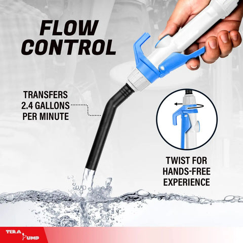 Flow control nozzle of Heavy Duty Electric Def Drum Pump With Slick Flow Control Nozzle And Nine Point Eight Foot Vinyl Hose for 2.4 GPM transfer.