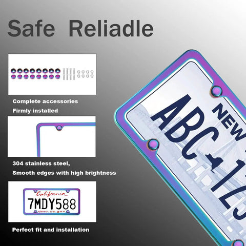 Iridescent Snazzy License Plate Frame 2 Pack Stainless Steel Mirror Polish Finish, highlighted features and accessories.