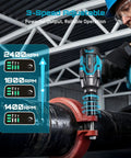Heavy Duty Cordless Impact Wrench Delivering 738 Foot Pounds Of Knockout Brute Force Half Inch Driver Brushless Rig showing speed settings and usage.