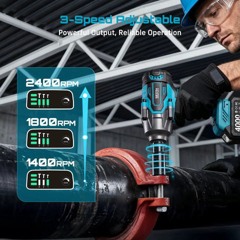 Heavy Duty Cordless Impact Wrench Delivering 738 Foot Pounds Of Knockout Brute Force Half Inch Driver Brushless Rig showing speed settings and usage.