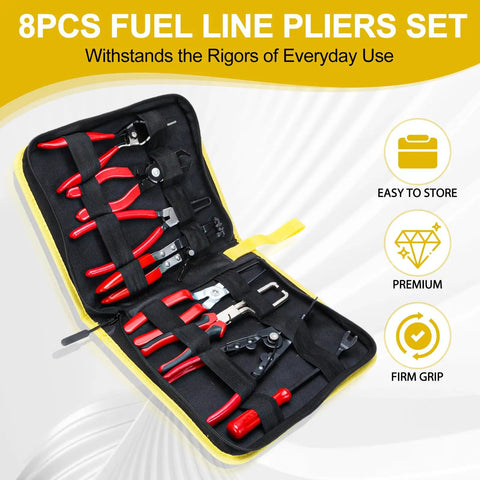 8-Piece Fuel Line Pliers Set With Hose Clamp Pliers, Electrical Disconnect, Push Pin Clip Remover, in zippered tool bag