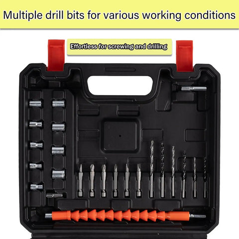 Heavy Duty Cordless Drill Driver With Kick Ass Brushless Motor And Smart Air Vents For No Sweat Cooling Plus Knockout Torque Settings And Smooth Variable Speed Control For Tough Woodworking Tasks And Quick Assembly On Any Job Site drill bit set in a black case with red accents.