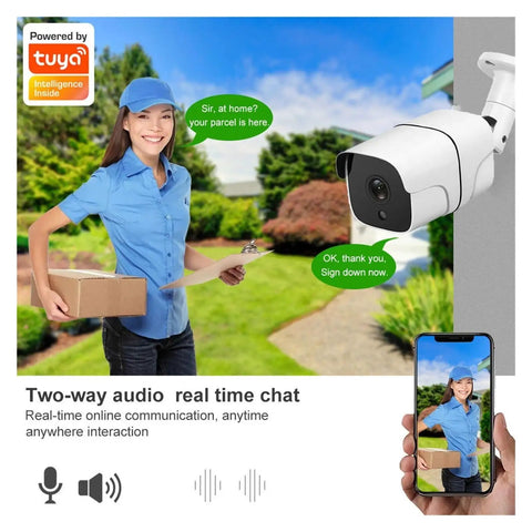 Slick Outdoor WiFi Bullet Security Camera With Heavy Duty Five Megapixel Sensor And Smart AI Human Detection For Crisp Day And Night Surveillance Footage Featuring Dual LED Night Vision And Flexible Storage Support. Delivery person with package interacts via camera.