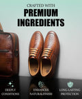 The Real Deal Leather And Furniture Repair Salve Polisher With Deep Conditioner That Brings Beat Up Surfaces Back To Life And Keeps Your Ride Looking Crisp For Cars Couches Boots 8 Oz. displayed with polished leather shoes and a bag.