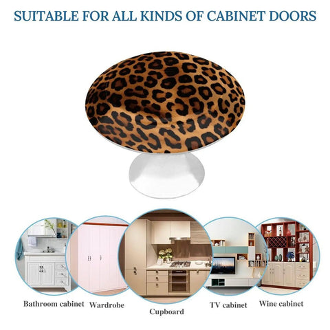 Dead Slick Stainless Steel Cheetah Leopard Round Cabinet Knobs And Hella Tough Metal Drawer Pulls For Modern Kitchen Cabinets And Closet Doors Rust Resistant Hardware Kit Includes Two Pieces on a white base with leopard pattern.