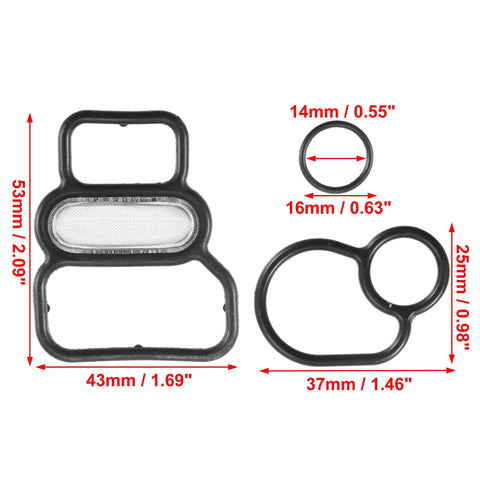 VTEC Solenoid Gasket Spool Valve Filter Screen Kit For Honda Civic With O Ring Pack Of 3 Black sizes visible