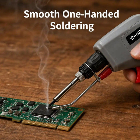 120W Soldering Gun Kit With 110V Power Six Level Adjustable Temperature From 392 To 842 Fahrenheit One Hand Tin Feeding Design in use on PCB
