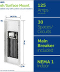 Indoor Load Center 30 Space 30 Circuit Panel With 125 Amp Main Breaker Easy Rough In Wiring Tin Plated Copper Bussing