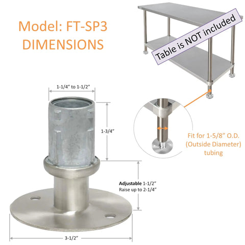 Diagram showing set of eight stainless steel flanged feet with three and one half inch flanges and adjustable height for 1.625 inch OD tubing.