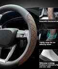 Kick It Up A Notch With Premium Nappa Leather Steering Wheel Cover Boasting Sharp Diamond Quilting for a Grippy Nonslip Feel on a car steering wheel.