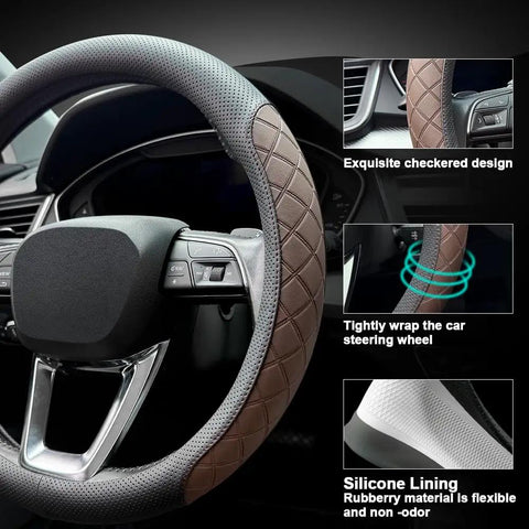 Kick It Up A Notch With Premium Nappa Leather Steering Wheel Cover Boasting Sharp Diamond Quilting for a Grippy Nonslip Feel on a car steering wheel.