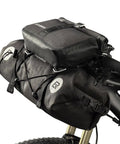 Close-up of waterproof handlebar bag set for bikepacking, two dry packs, 12L-20L front storage for MTB and road bikes, mounted on a bike.