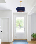 ELYCCUPA 20” Navy Blue Boho Hand Woven Pendant Light Brass Adjustable Coastal Chandelier for Dining Living Room Kitchen Bedroom, UL Listed, in entryway.