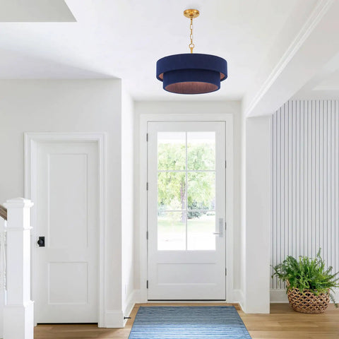 ELYCCUPA 20” Navy Blue Boho Hand Woven Pendant Light Brass Adjustable Coastal Chandelier for Dining Living Room Kitchen Bedroom, UL Listed, in entryway.