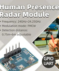 LD2410C 24GHz Millimeter Wave Radar Sensor Module for Non Contact Human Presence Detection, FMCW Signal Processing, High Sensitivity, Serial Port IO Level Output, ISM Band Compatible, Plug And Play Integration. Blue PCB module with GPIO UART pins