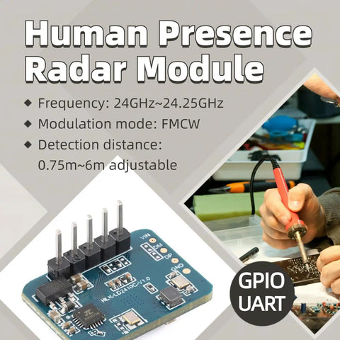 LD2410C 24GHz Millimeter Wave Radar Sensor Module for Non Contact Human Presence Detection, FMCW Signal Processing, High Sensitivity, Serial Port IO Level Output, ISM Band Compatible, Plug And Play Integration. Blue PCB module with GPIO UART pins