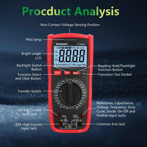 Pro Grade Digital Multimeter 1000V AC DC Manual Range Tester with LCD Display and NVF for Voltage and Current
