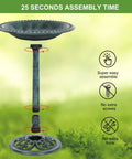Solar Powered Pedestal Bird Bath Fountain With Steel Ground Anchors, Weather Resistant Resin, Antique Green assembly view