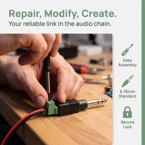 Person assembling Straight Up 1/4 Inch Jack Mono Male Plugs For Electric Guitar And Stage Mixer Cables 6.35mm Solderless Twist On Audio Connectors.