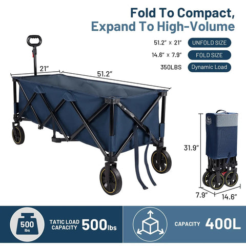 Extended 51 Inch Collapsible Wagon Cart With 500 Lb Load Capacity And 400L Storage, unfolded and folded view.