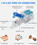 Premium 30 Piece T Tap Wire Connectors Kit For Fast No Strip Low Voltage Splicing 1 In 2 Out Push In Quick Connects Compatible With 20-14 AWG Cables Super Cool And Easy To Use Every Time. 1 in 2 out connector with PC shell and copper blade
