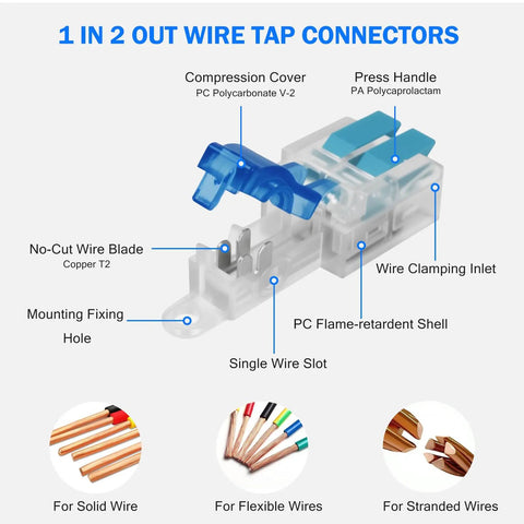 Premium 30 Piece T Tap Wire Connectors Kit For Fast No Strip Low Voltage Splicing 1 In 2 Out Push In Quick Connects Compatible With 20-14 AWG Cables Super Cool And Easy To Use Every Time. 1 in 2 out connector with PC shell and copper blade