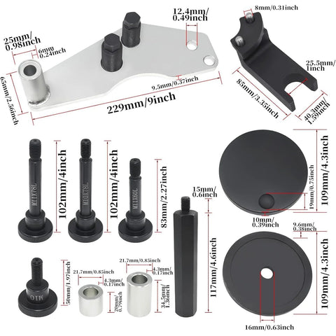 ZKTOOL vacuum pump sealing cover remover installer kit for BMW N53/N54/N55 engines; metal plate, fork tool, bolts.