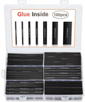 180 Piece Heat Shrink Tubing Kit With Adhesive Lined Three To One Shrink Ratio For Electrical Insulation And Marine Wire Repair, 7 Sizes, Durable Waterproof Flame Retardant Tubes Make DIY Repairs A Breeze in clear compartment case, seven tube sizes displayed.