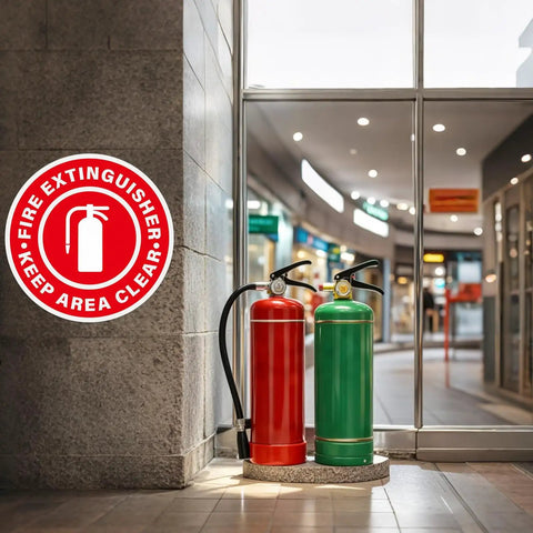 Five Pack Fire Extinguisher Keep Area Clear Sign 17 By 17 Inches Big Caution Safety Warning Sticker on wall near fire extinguishers.