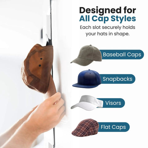 Hands placing hat on Over The Door Cap Rack Organizer 2 Pack Holds Up To 16 Hats, Adjustable Hat Hanger, showing various cap styles.