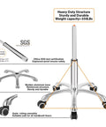 Heavy Duty Rolling Swivel Stool With Wheels base, aluminum structure, weight capacity 350 lbs, shown with rolling casters.