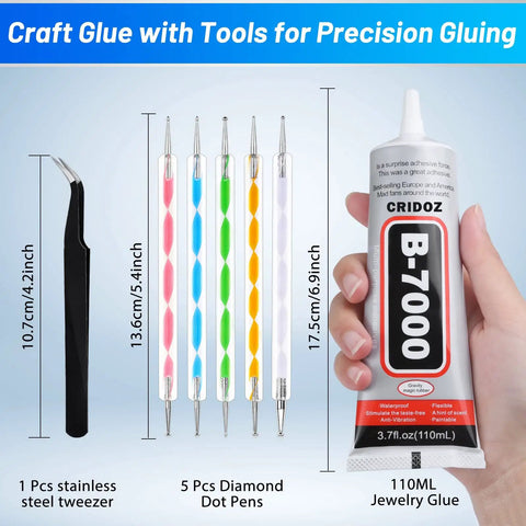 Cridoz Clear Jewelry Glue With Precision Tip For Rhinestones And Crafting 3.7 Fl Oz with tools for metal, stone, glass.
