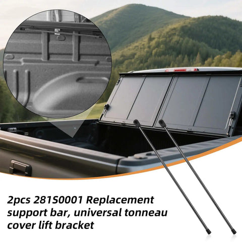 Top Shelf Tonneau Cover Lift Strut Replacement 2 Pack For Bakflip Hard Tri Fold Truck Bed Covers, black steel support bars in truck bed.