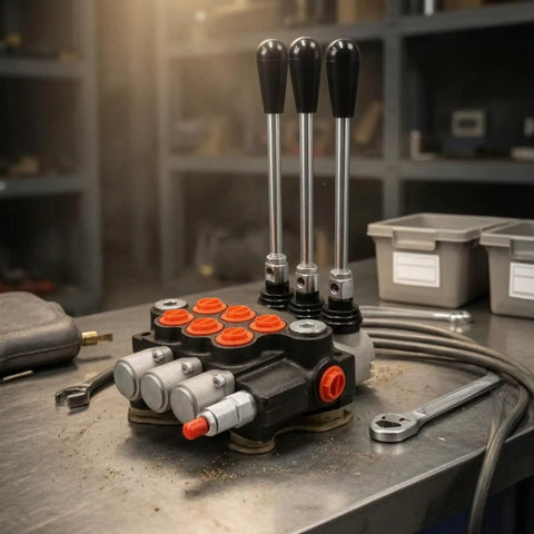 Heavy Duty Manual Hydraulic Directional Control Valve Block Featuring A Rock Solid Cast Iron Housing And Comfortable Lever Actuator For Tractor And Workshop Equipment That Handles Flow Like A Champ Built For The Long Haul on a workshop table with tools.