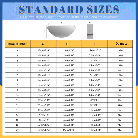 Woodruff Key Set, 17 Sizes, 155-Piece Carbon Steel Semi Circular Keys For Fasteners, Machinery And Auto Projects size chart