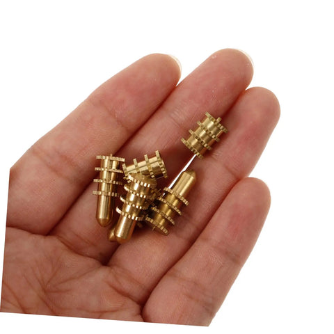 Heavy Duty Copper Dowel Table Leaf Hardware Set With Bolt Sleeve Connectors And Fasteners For Replacing Table Leaves And Cabinet Hardware Spares Lifetime Parts DIY Friendly And Built To Last, brass connectors in hand
