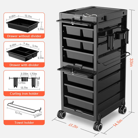 Lockable Salon Trolley With Six Drawer Rolling Beauty Cart And Tool Holders, Boss Grade Mobile Hair Stylist Station