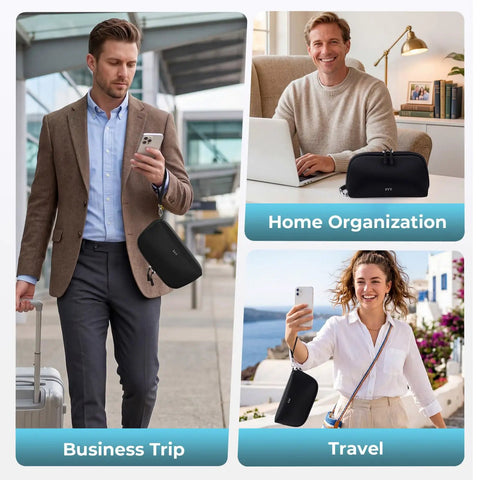 Grab-And-Go Travel Cable Organizer With 8 Compartments, in use during business trip, home organization, and travel scenes.