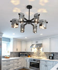 Six Light Black Glass Chandelier Pendant Lighting Mid Century Ceiling Fixture in modern kitchen setting